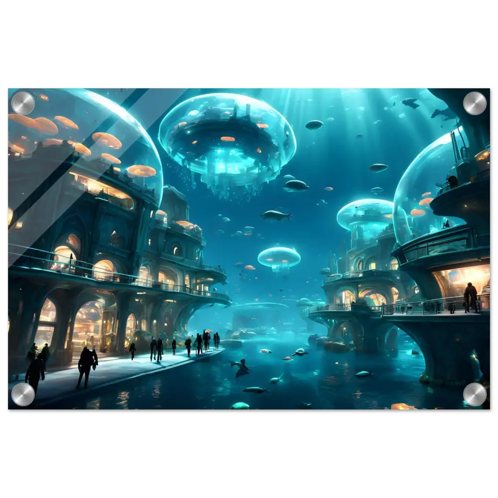 Underwater city with jellyfish-like structures on City of the Abyss Acrylic Print by PixiOnyx