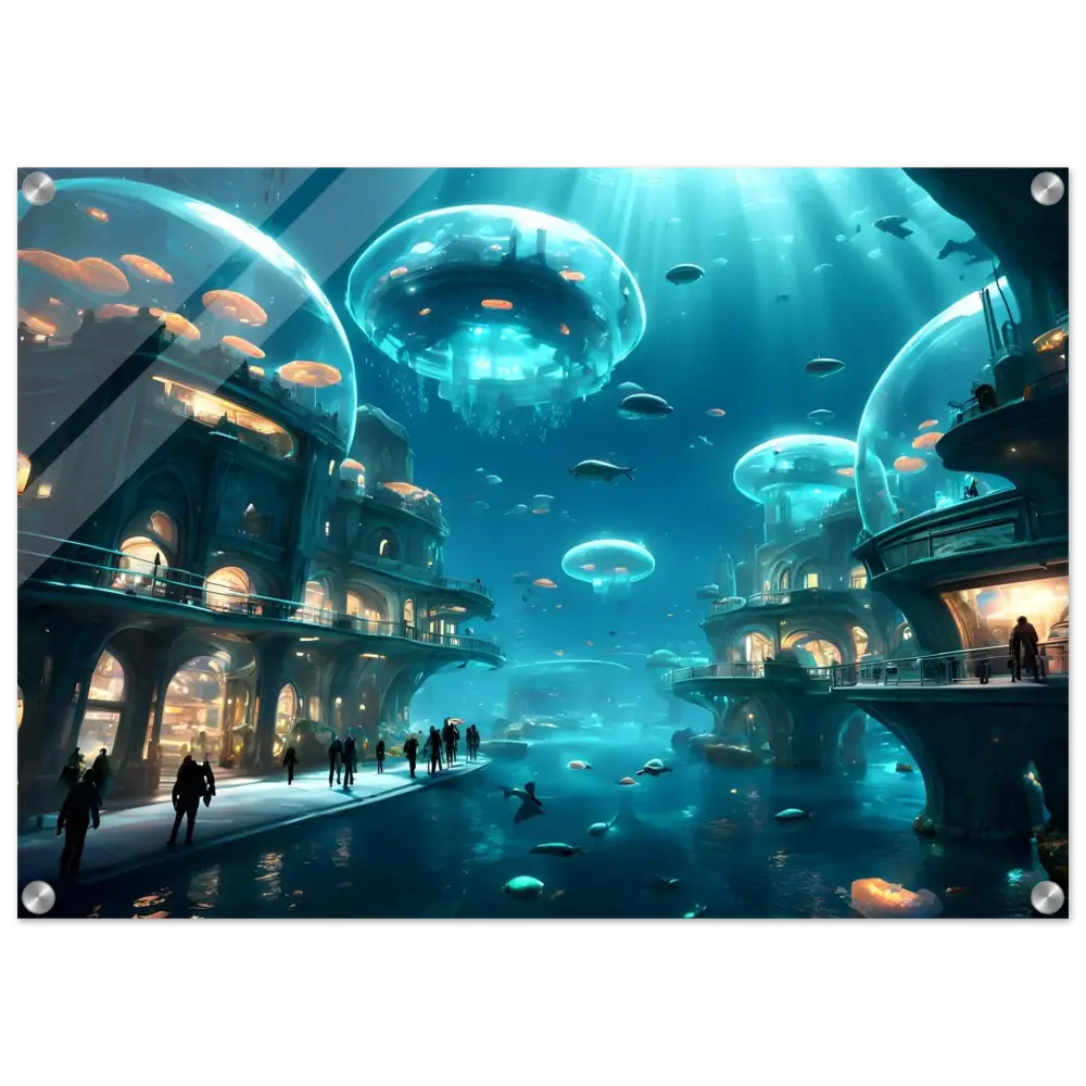 Underwater city with jellyfish domes displayed on City of the Abyss Acrylic Print by PixiOnyx