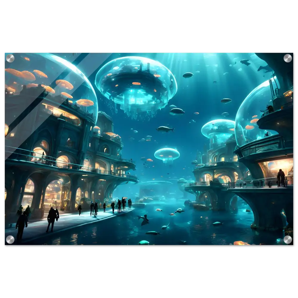 Underwater city with glowing jellyfish domes on Tranquil Capsuleverse Acrylic Print by PixiOnyx