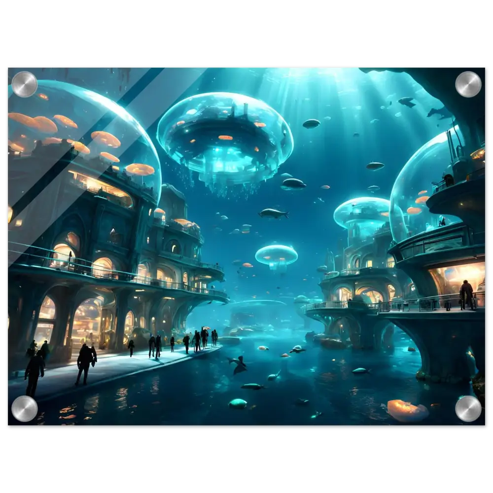 Underwater city with jellyfish domes displayed on City of the Abyss Acrylic Print by PixiOnyx