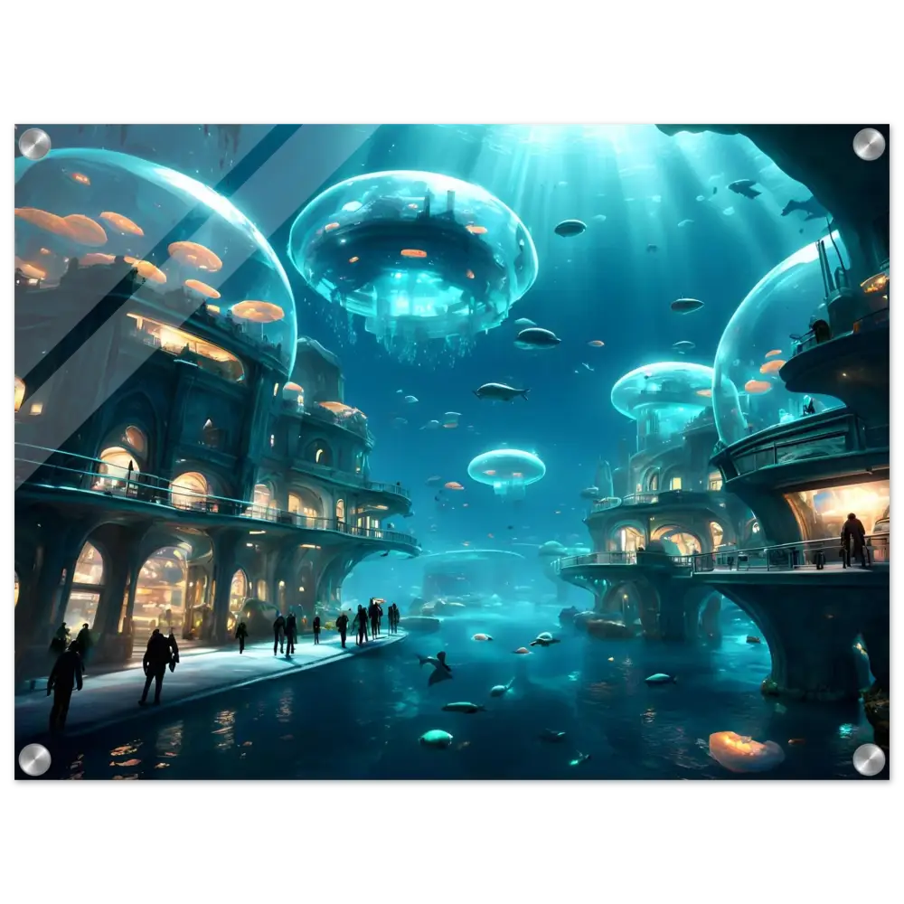 Underwater futuristic cityscape depicted on City of the Abyss Acrylic Print by PixiOnyx