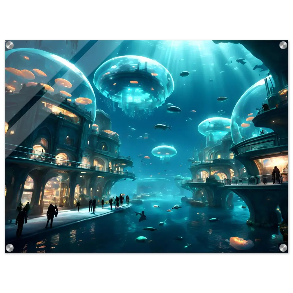 Futuristic underwater city depicted on PixiOnyx Tranquil Capsuleverse Acrylic Print
