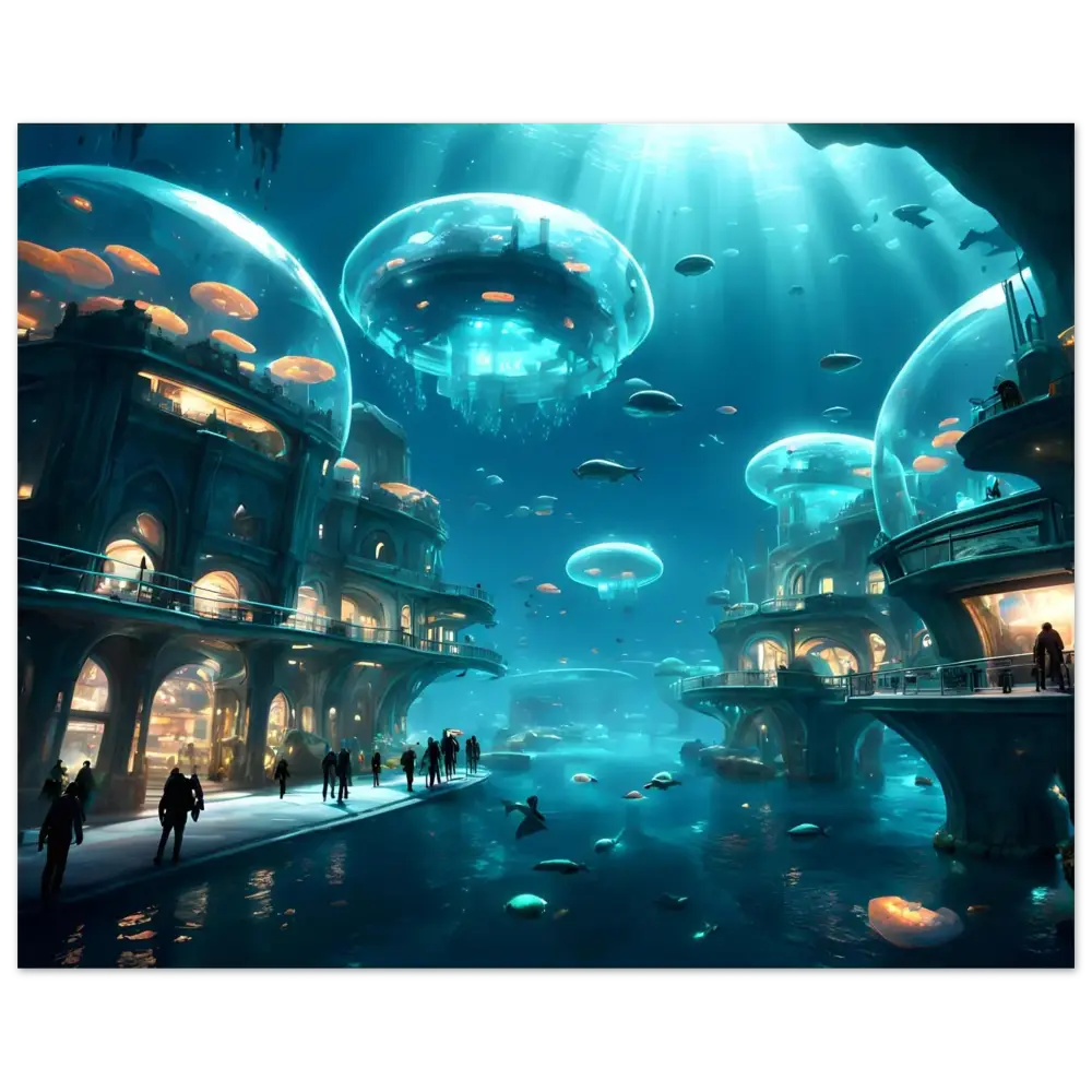 Underwater city with glowing jellyfish domes in the City of the Abyss Poster by PixiOnyx