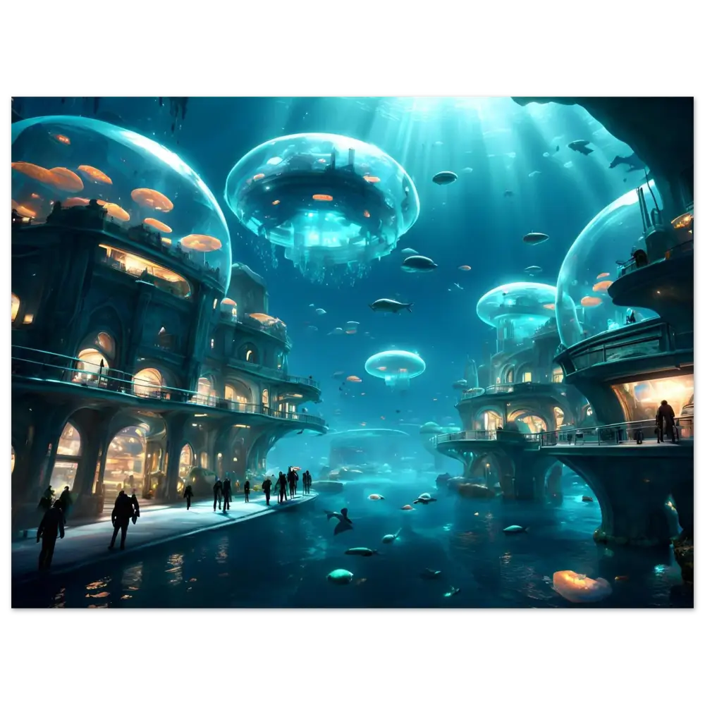 Underwater city with jellyfish-like structures depicted in City of the Abyss Poster by PixiOnyx
