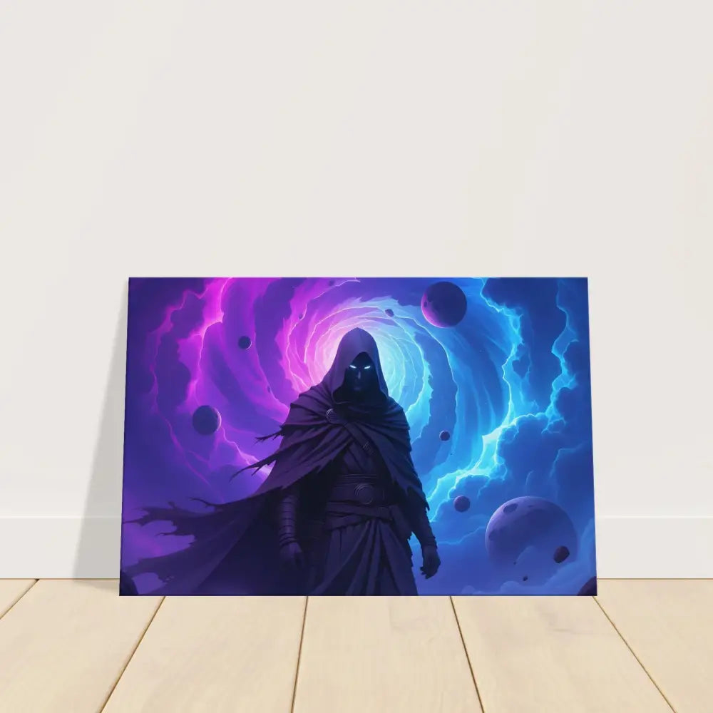 Framed fantasy art print of a cloaked figure titled Voidwalker’s Gate at PixiOnyx Gallery Wrap