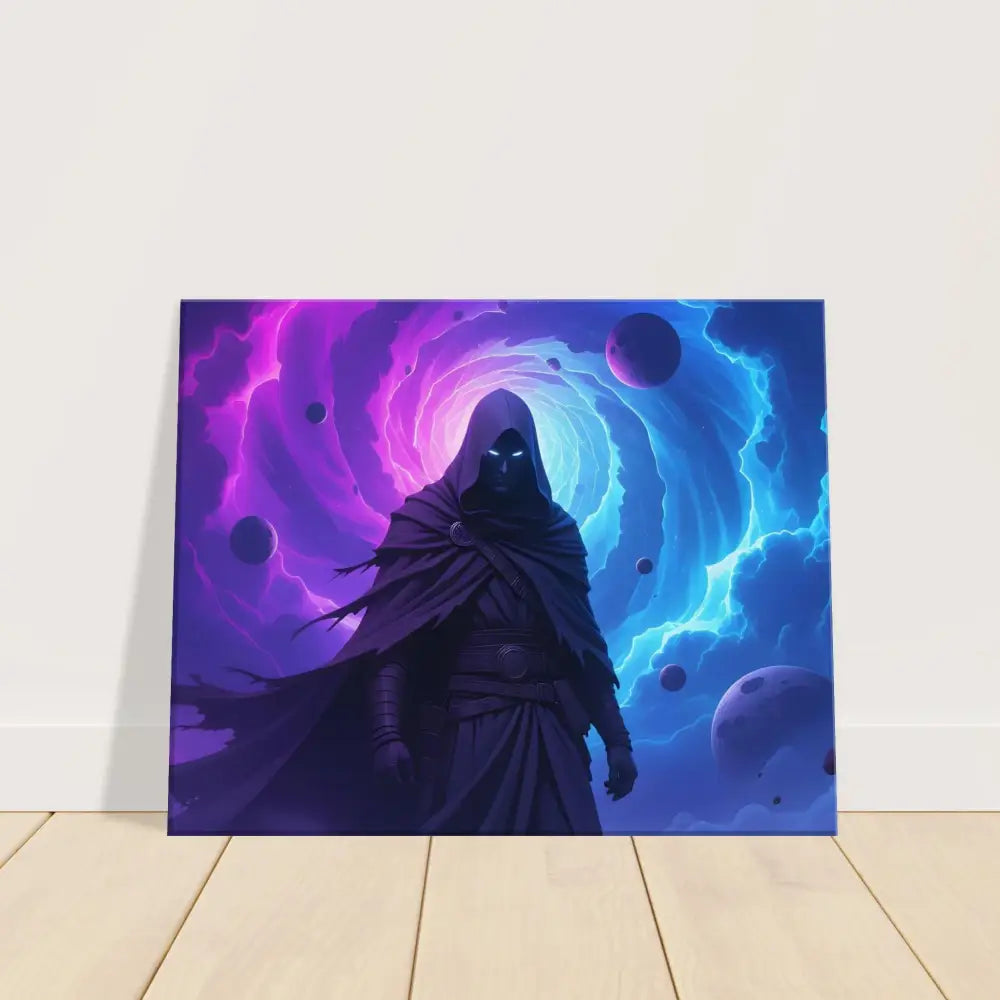Hooded cosmic figure artwork on PixiOnyx Gallery Wrap titled Cloaked Figure Canvas Voidwalkers Gate