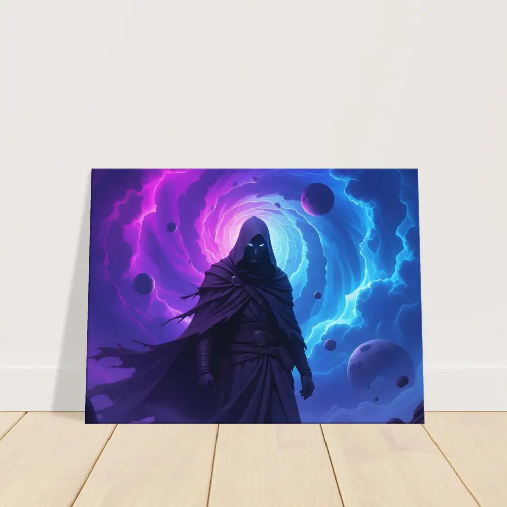 Fantasy art canvas print featuring a cloaked figure titled Cloaked Figure Canvas – Voidwalkers Gate