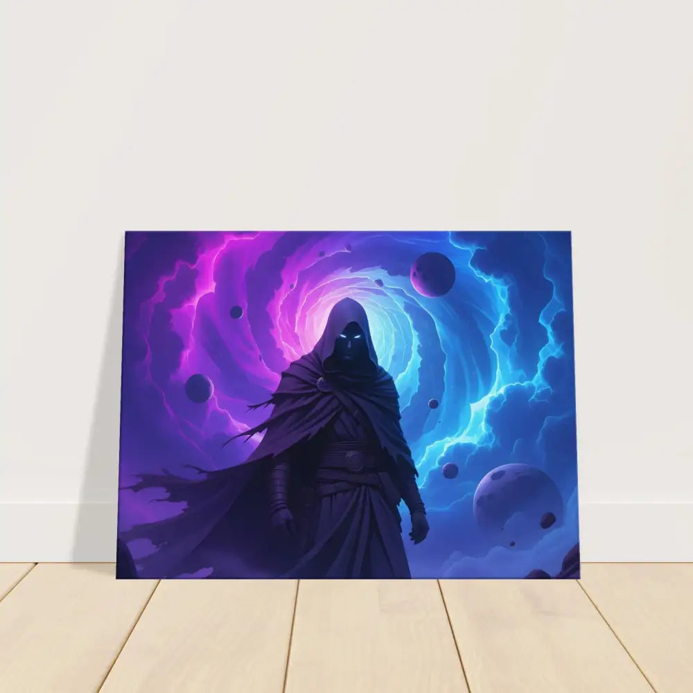 Hooded figure against cosmic backdrop on Cloaked Figure Canvas Voidwalkers Gate PixiOnyx