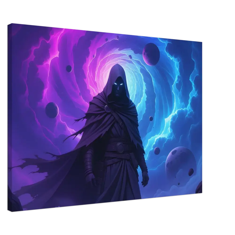 Hooded figure in cosmic scene canvas titled Cloaked Figure Canvas – Voidwalkers Gate by PixiOnyx