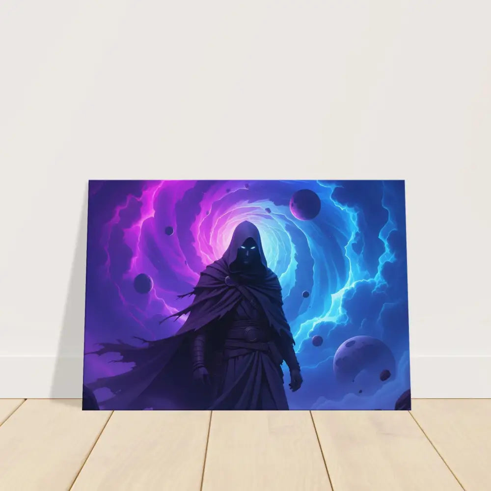 Framed fantasy art print of a cloaked figure titled Voidwalker’s Gate by PixiOnyx Gallery Wrap