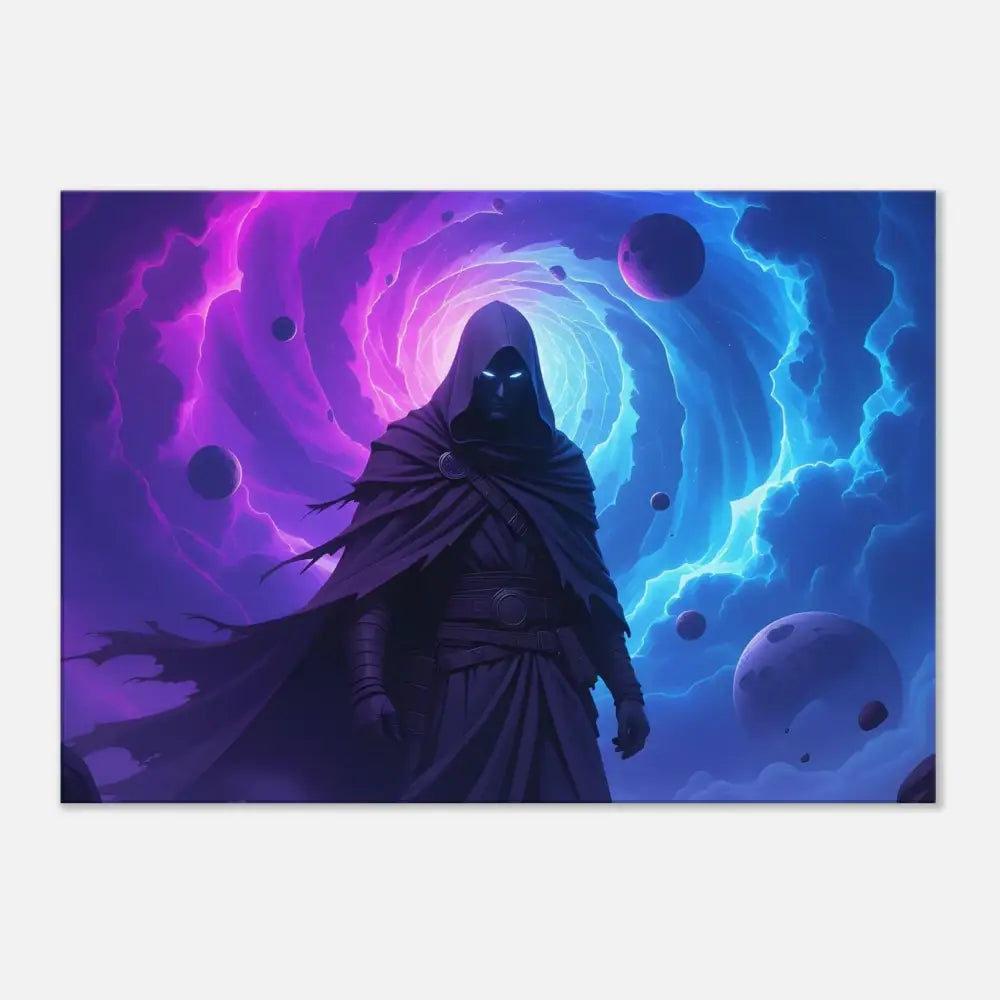 Dark cloaked figure in cosmic vortex artwork on Cloaked Figure Canvas – Voidwalkers Gate