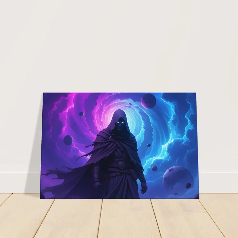 Framed cosmic sorcerer artwork on Cloaked Figure Canvas – Voidwalkers Gate by PixiOnyx