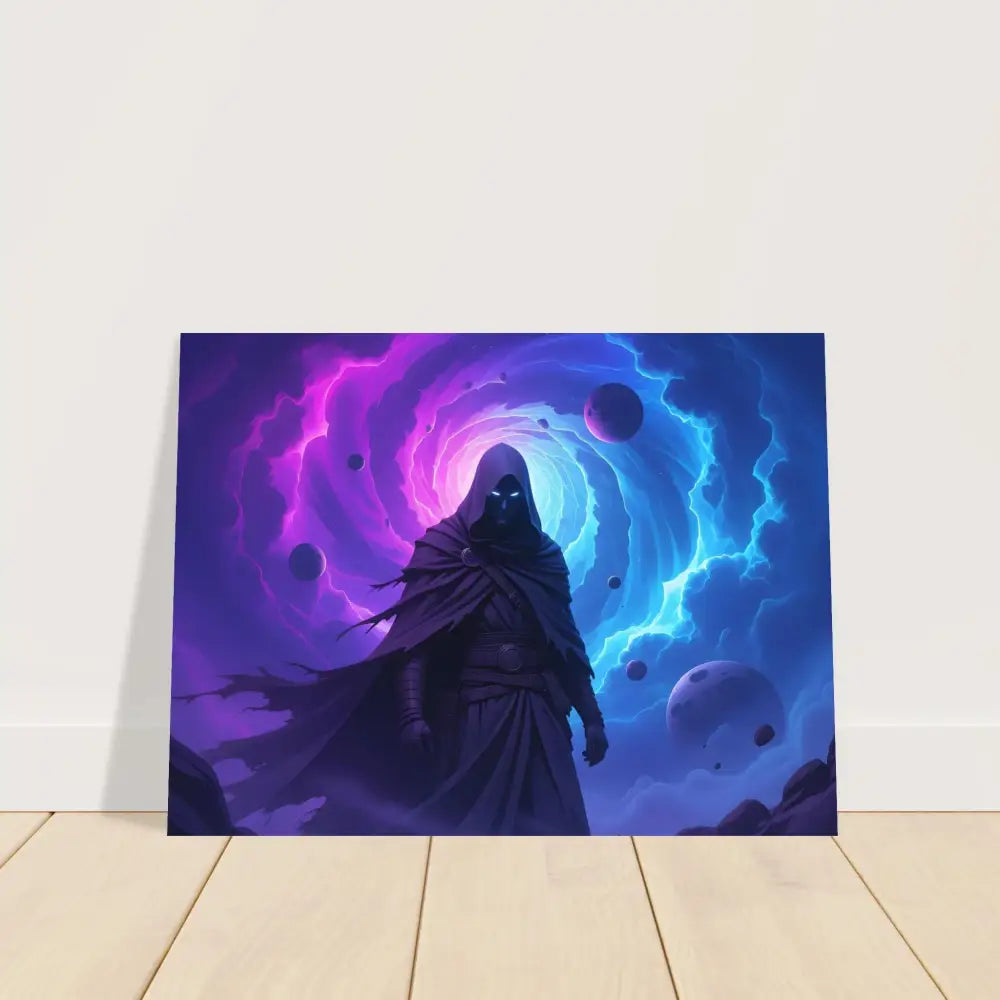 Hooded figure against swirling cosmic backdrop on Cloaked Figure Poster – Voidwalkers Gate