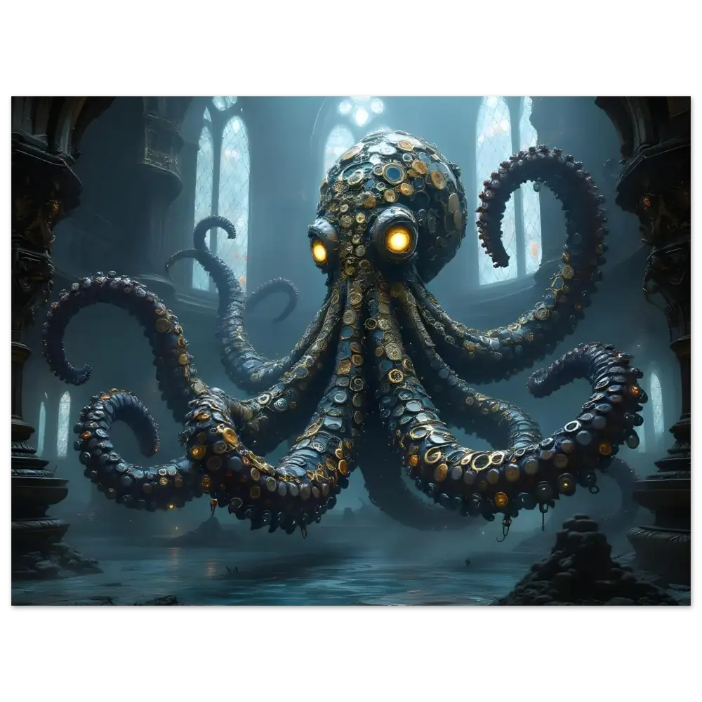 Steampunk-style octopus with glowing eyes on Clocktopus Fine Art Poster by PixiOnyx