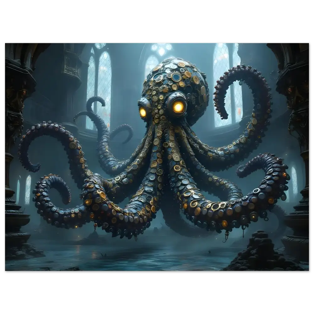 Steampunk-style octopus with glowing eyes on Clocktopus Fine Art Poster by PixiOnyx