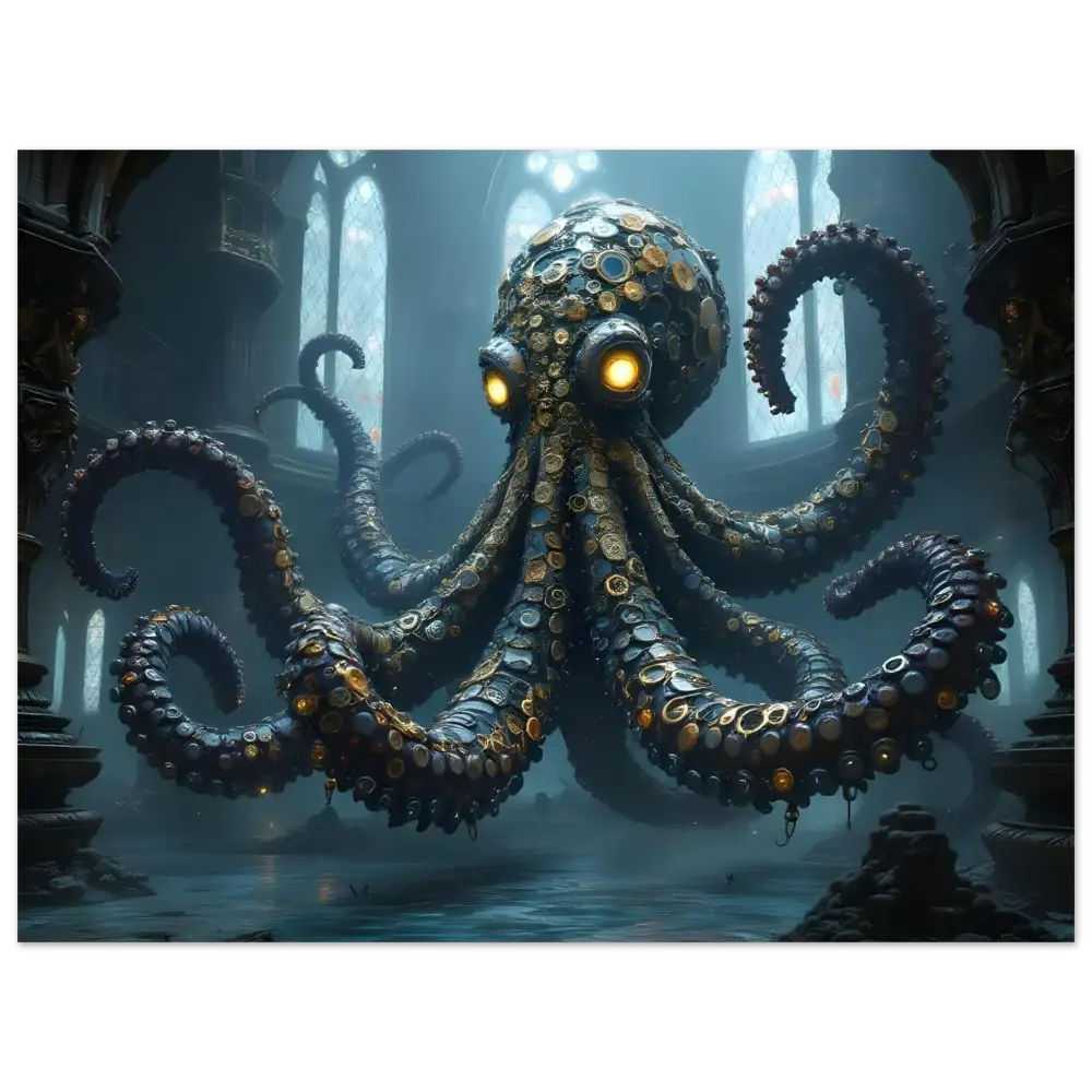Steampunk octopus with coin-like scales on Clocktopus Fine Art Poster PixiOnyx Cathedral print