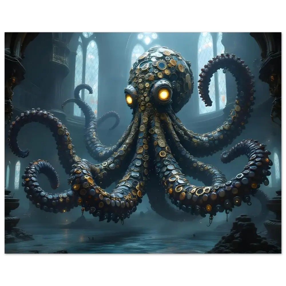 Steampunk-style octopus with glowing eyes on Clocktopus Fine Art Poster PixiOnyx Surreal Cathedral