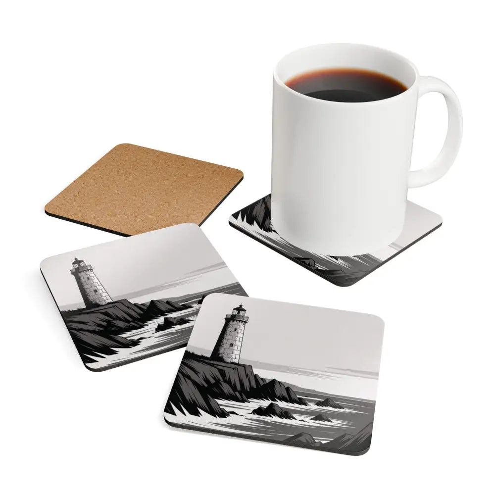 Cork coaster set with lighthouse design and a coffee mug for nautical home decor