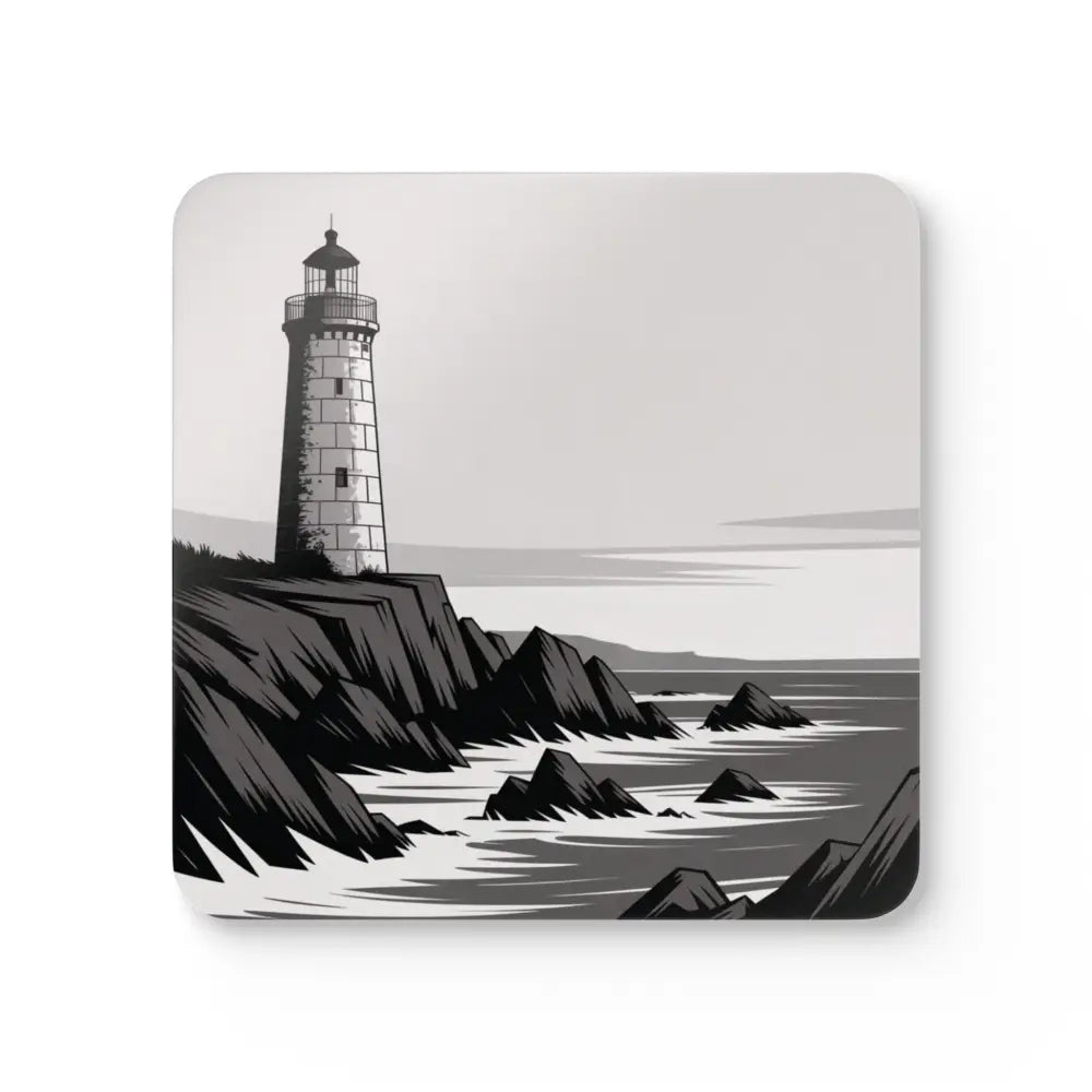 Cork coaster set featuring lighthouse illustration for nautical home decor and beach house gifts