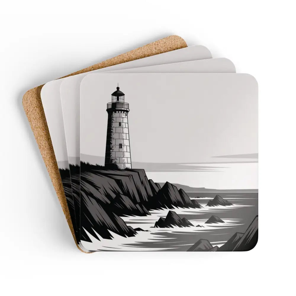 Stack of four cork coaster set with monochrome lighthouse scene for nautical home decor