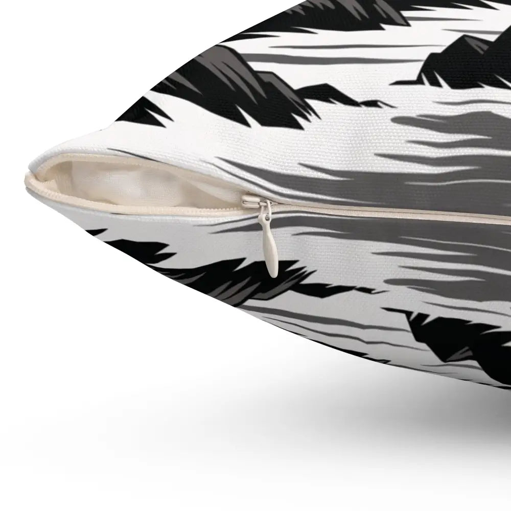 Decorative pillow cover with hidden zipper featuring black and white mountain and water design for beach lovers