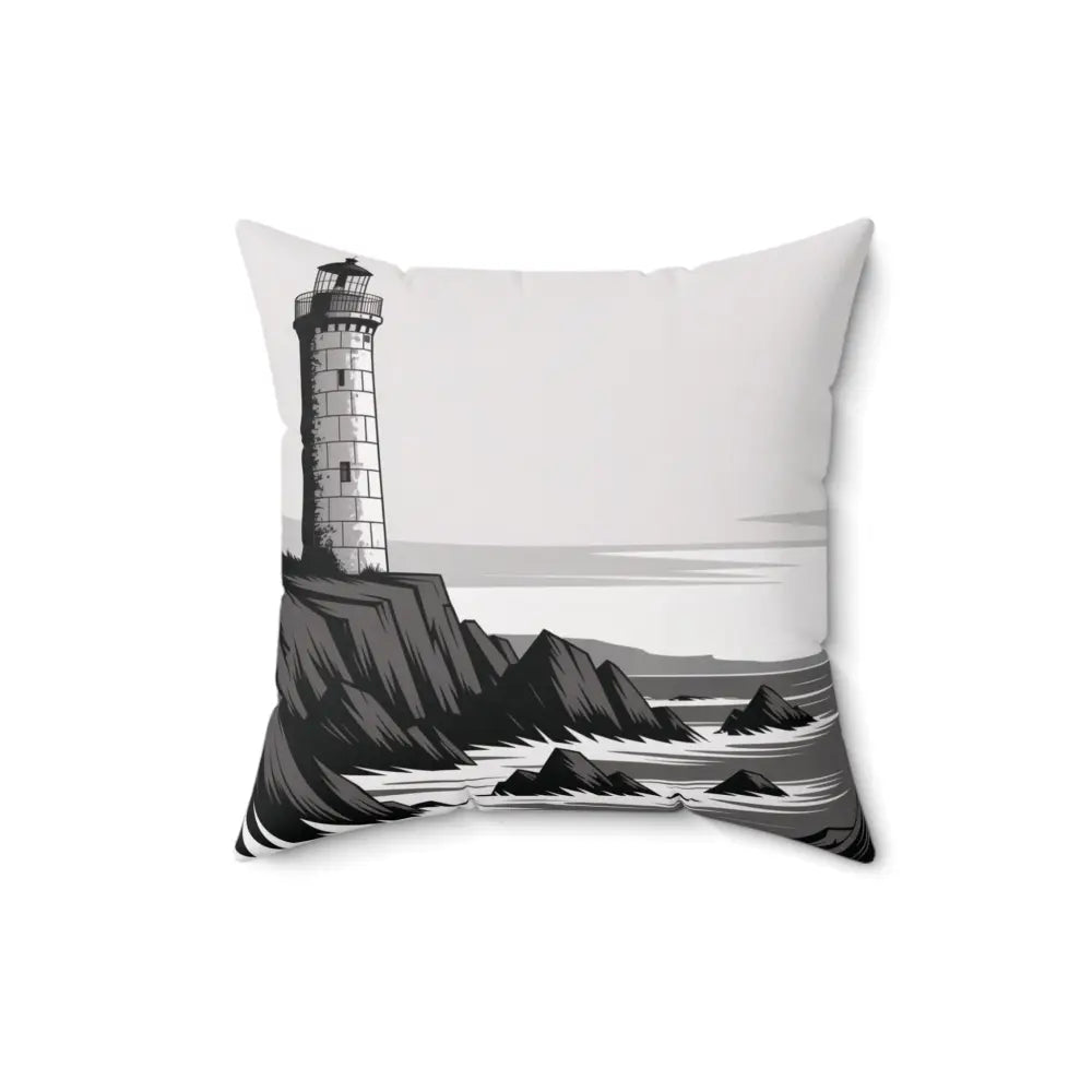 Square spun polyester pillow cover with grayscale lighthouse and rocky seascape for beach lovers