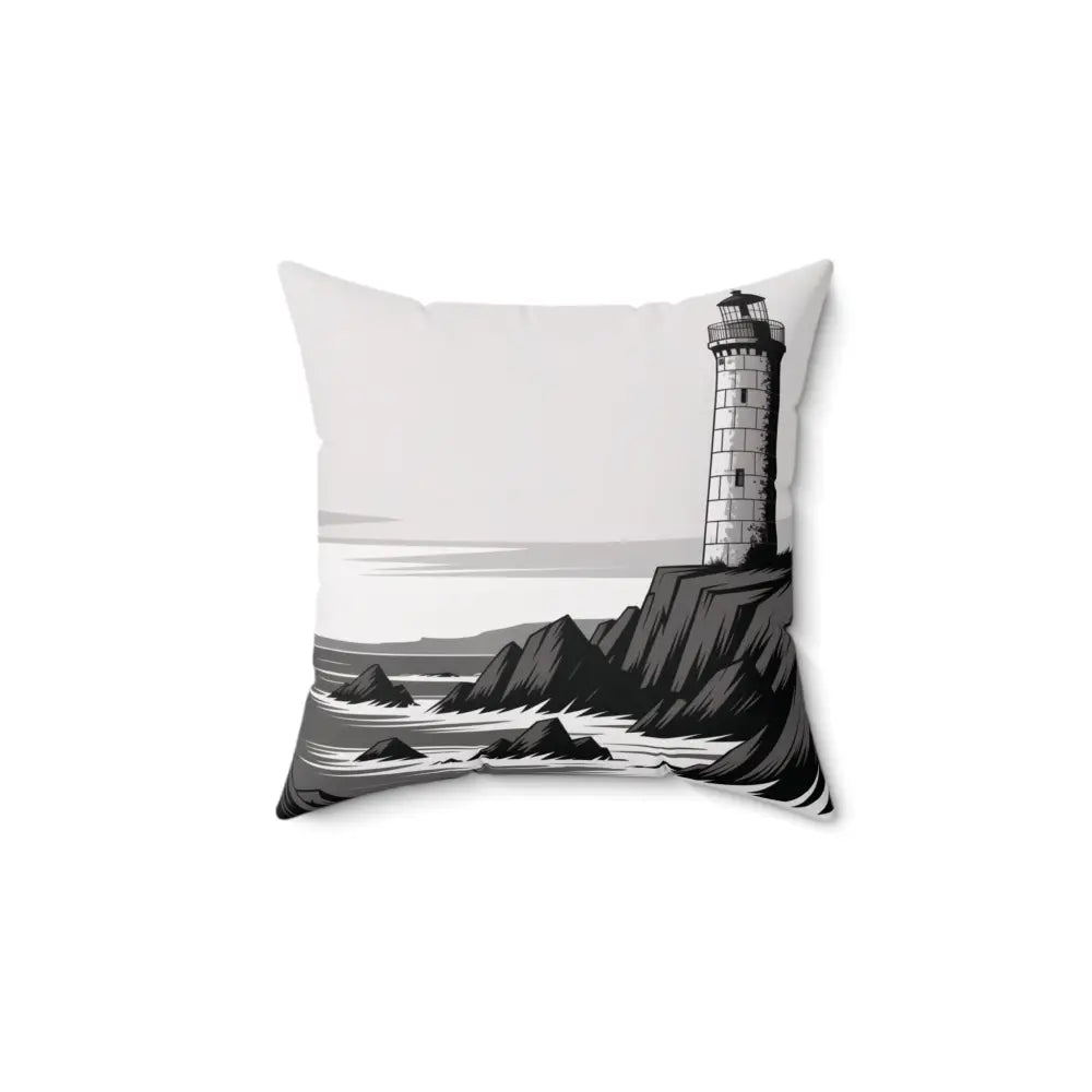White coastal lighthouse pillow cover with black and white lighthouse illustration for beach lovers