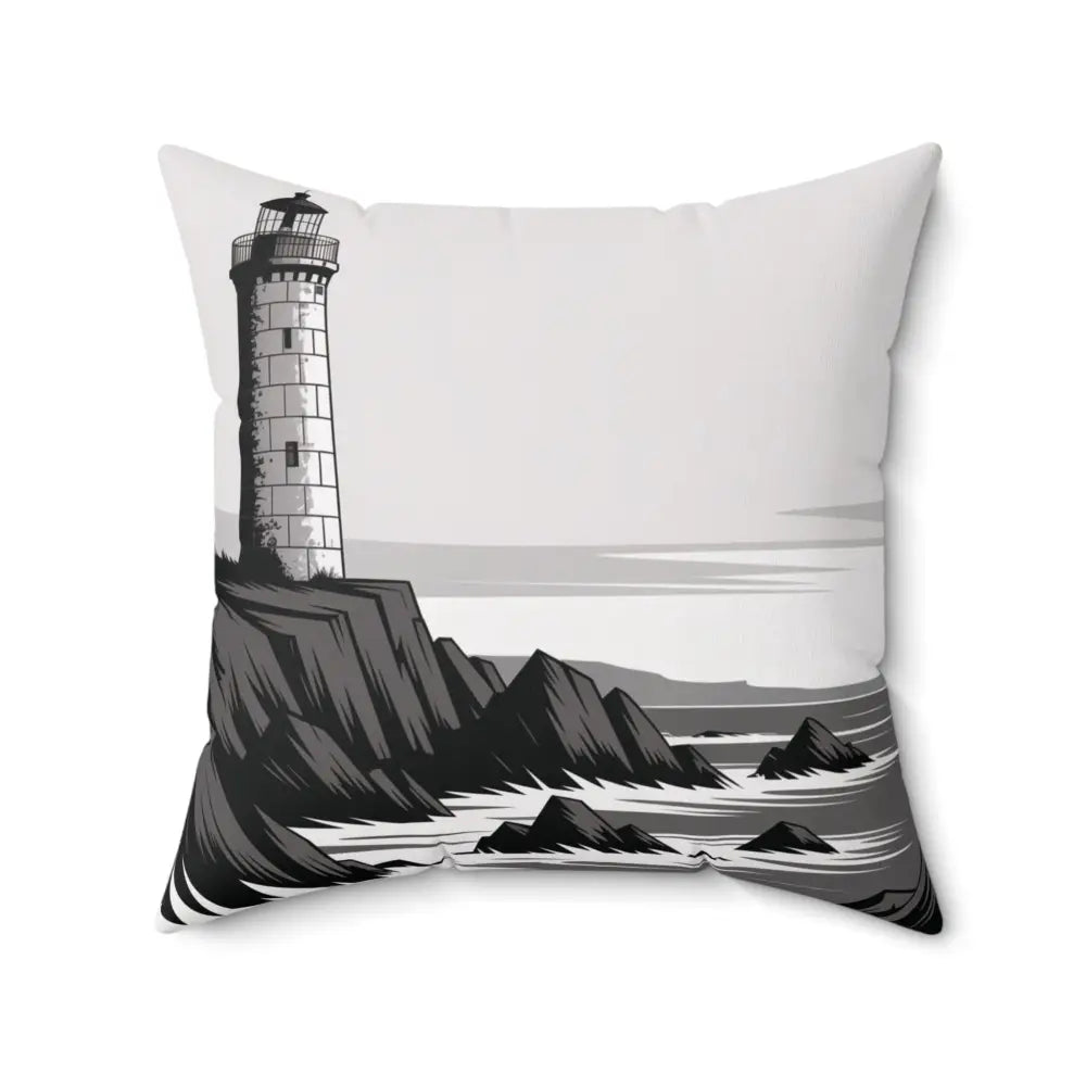 Square pillow cover with black and white lighthouse and rocky coast illustration for beach lovers