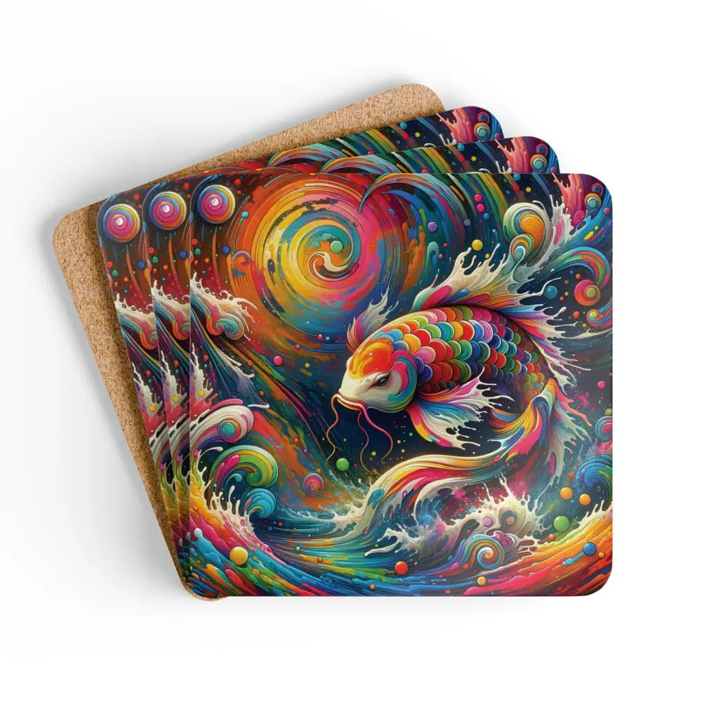 Colorful koi fish coasters from PixiOnyx Rainbow Koi Coaster Set on psychedelic surface background