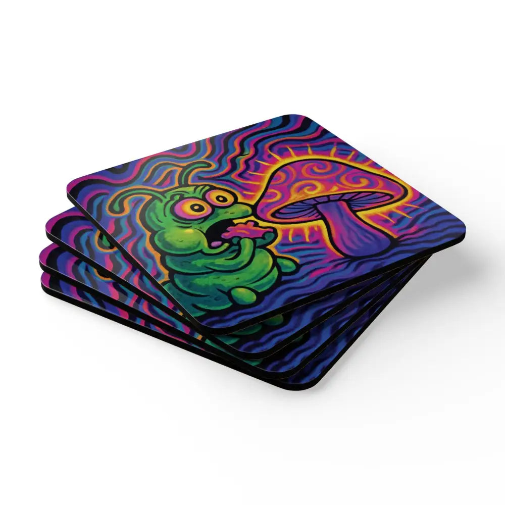 Psychedelic caterpillar and mushroom coasters from PixiOnyx Shroomapillar Snack Attack set