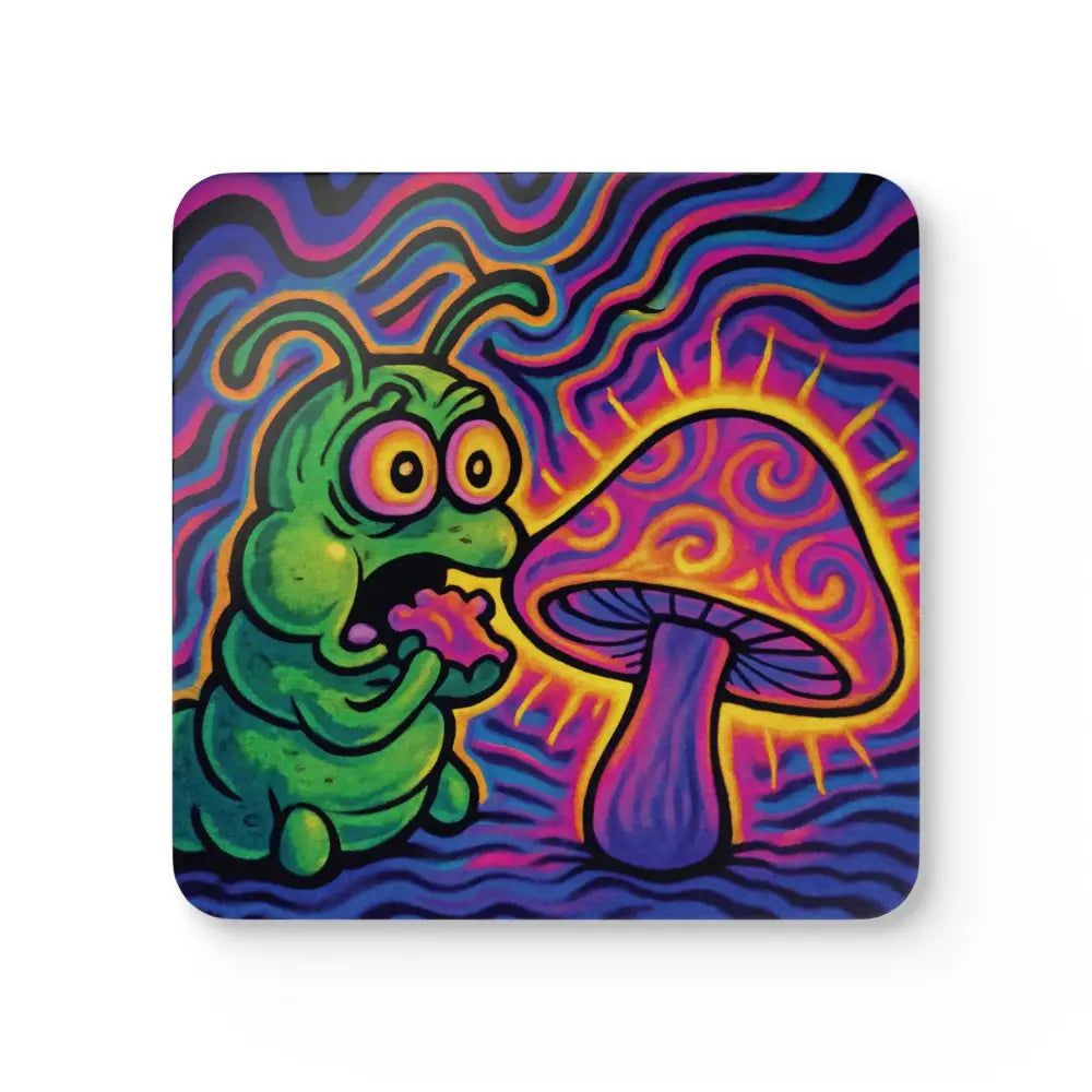 Psychedelic caterpillar and mushroom coaster from PixiOnyx Shroomapillar Snack Attack set