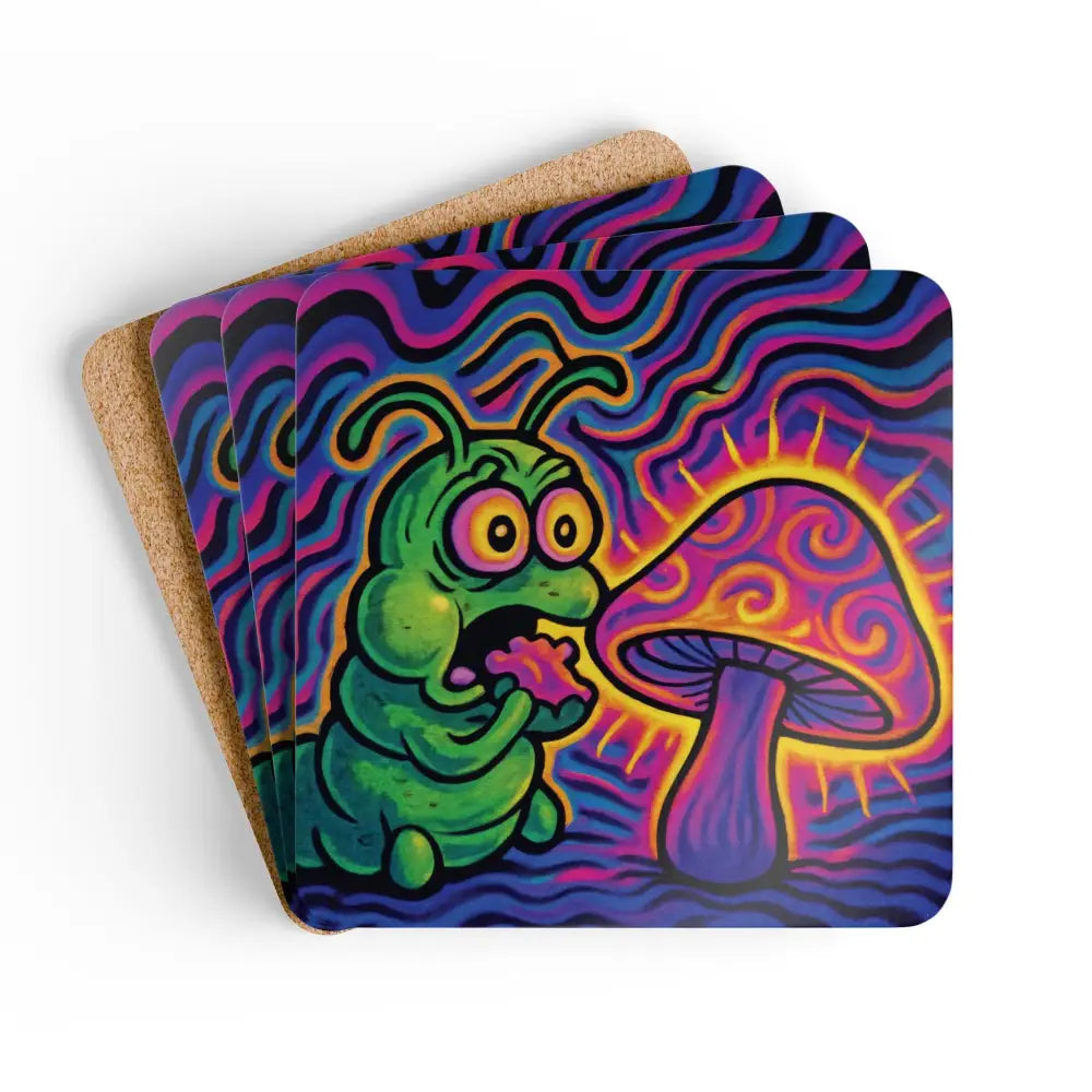 Psychedelic caterpillar and mushroom coasters from Shroomapillar Snack Attack Coaster Set