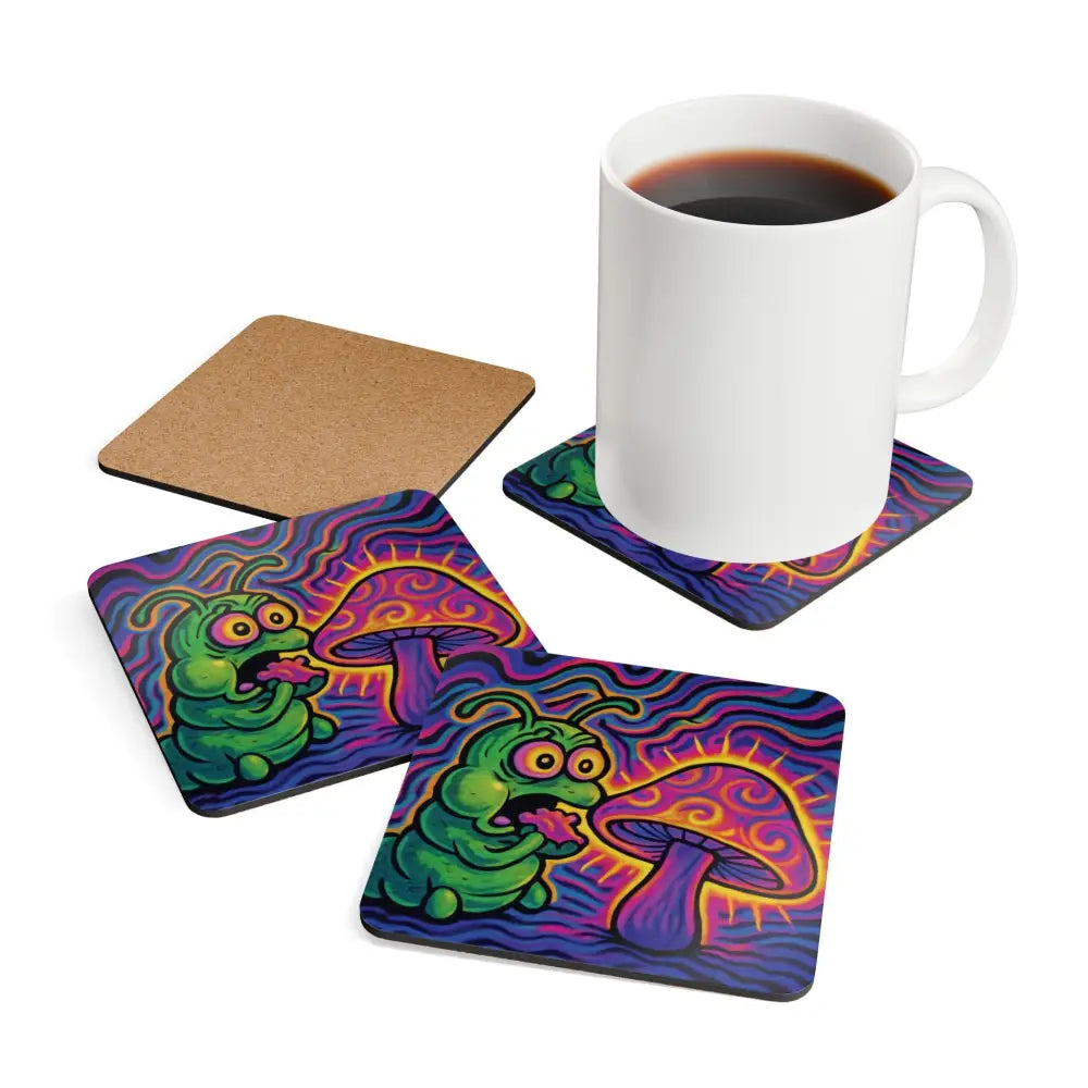 Psychedelic mushroom and caterpillar coasters with a mug from PixiOnyx Shroomapillar Snack Attack set
