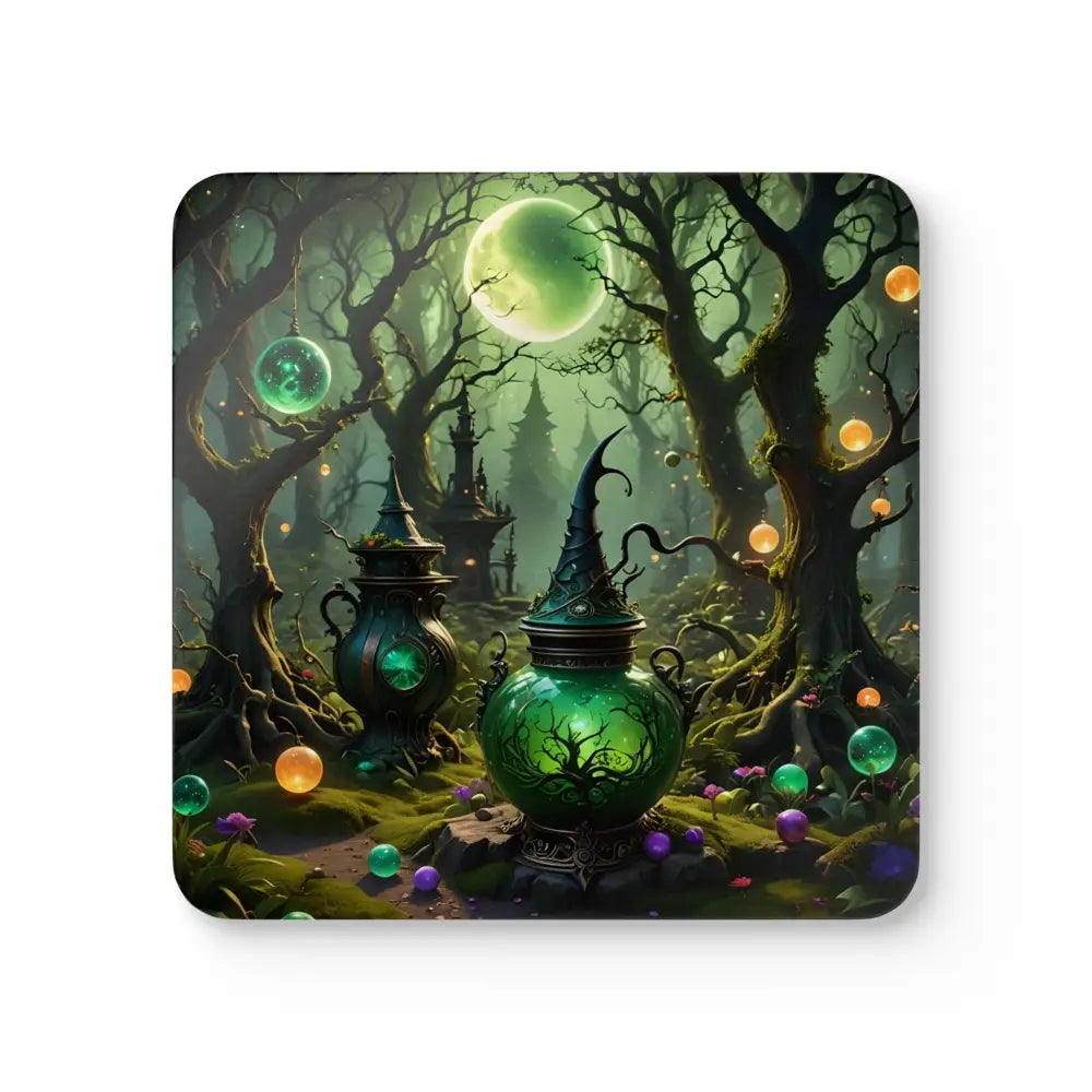Square coaster featuring a magical forest scene from PixiOnyx Enchanted Hearth Series