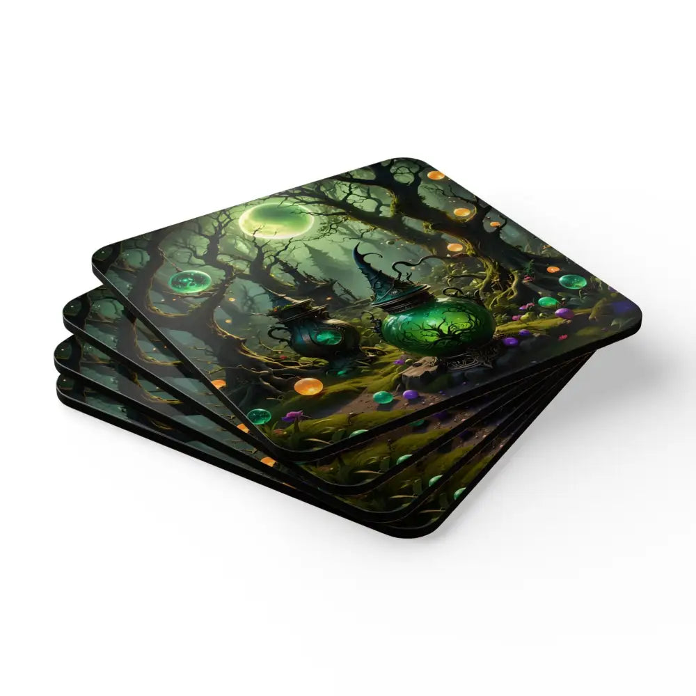 Halloween-themed square coasters from PixiOnyx Enchanted Hearth Series featuring witchcraft forest design