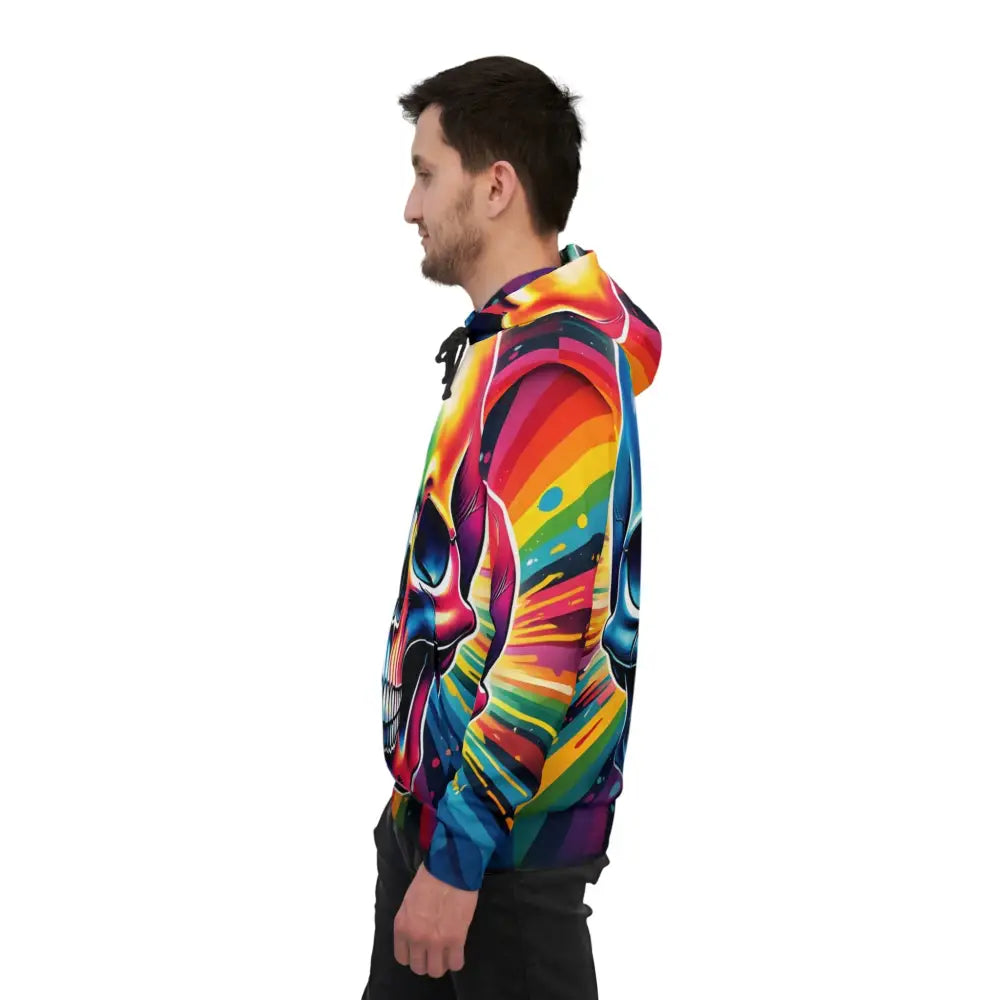Man wearing colorful skull hoodie from PixiOnyx Rainbow Streetwear Collection