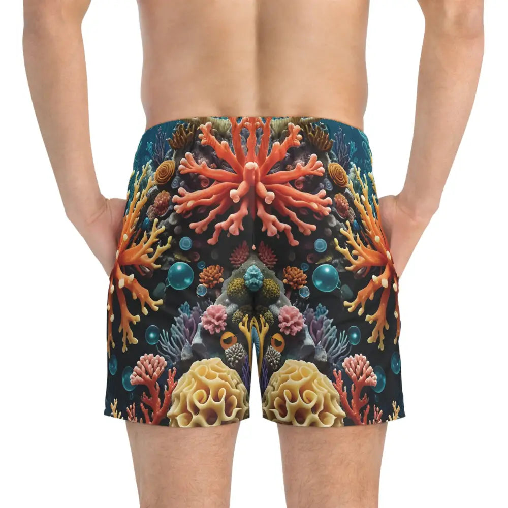 Colorful coral reef patterned swim trunks for beach and festival wear at PixiOnyx Coastal