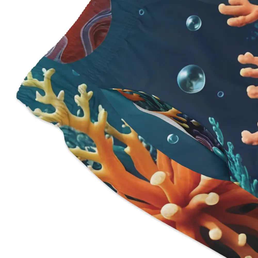 Coral reef patterned fabric for Coral Reverie Swim Trunks by PixiOnyx Coastal AOP