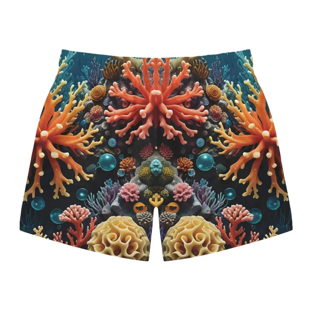 Coral reef patterned swim trunks for beach and festival wear by PixiOnyx Coastal