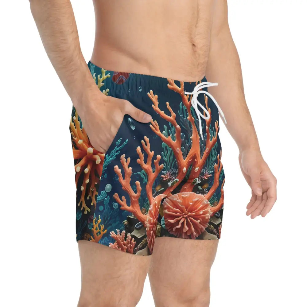 Coral reef patterned swim trunks for beach and festival wear from PixiOnyx Coastal AOP