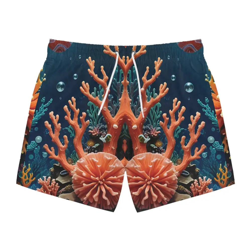 Coral reef patterned swim trunks with vibrant psychedelic reef design for beach and festival wear