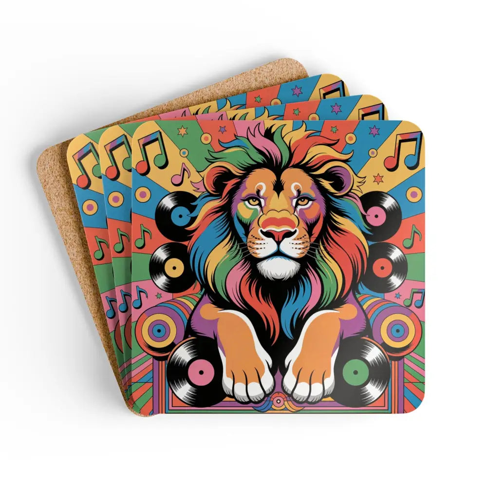 Cork coaster set featuring a vibrant pop art lion with rainbow mane and musical notes