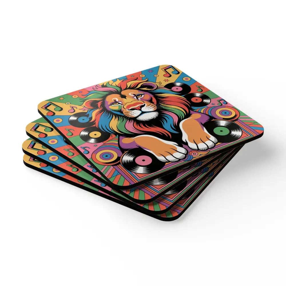 Colorful psychedelic lion cork coaster set with vinyl records and musical notes for barware
