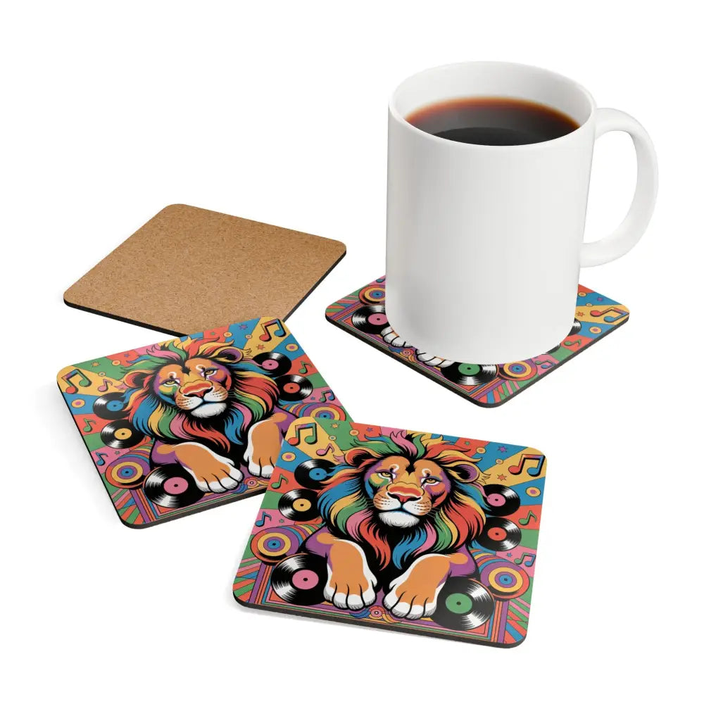 Colorful lion and music-themed cork coaster set with a white coffee mug on one coaster