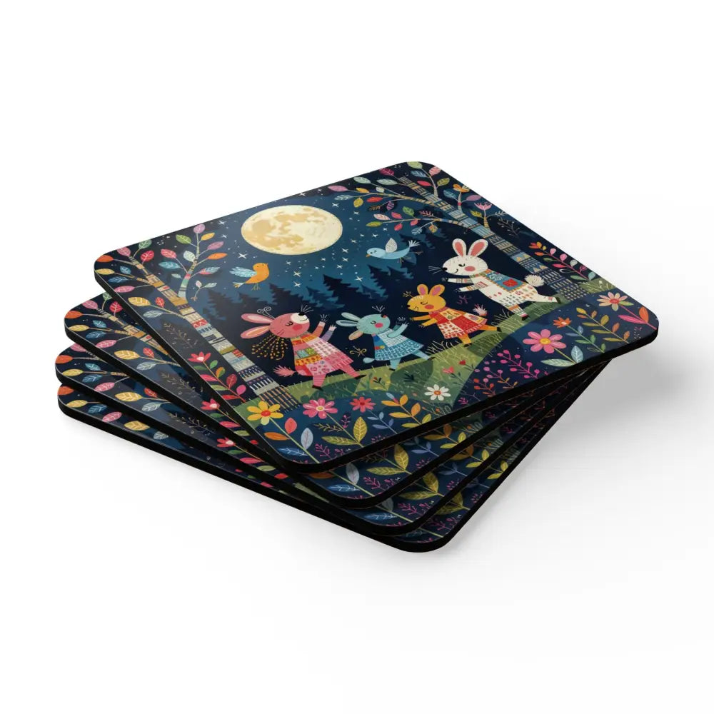 Cork coaster set with whimsical bunny dancing under full moon in colorful forest scene