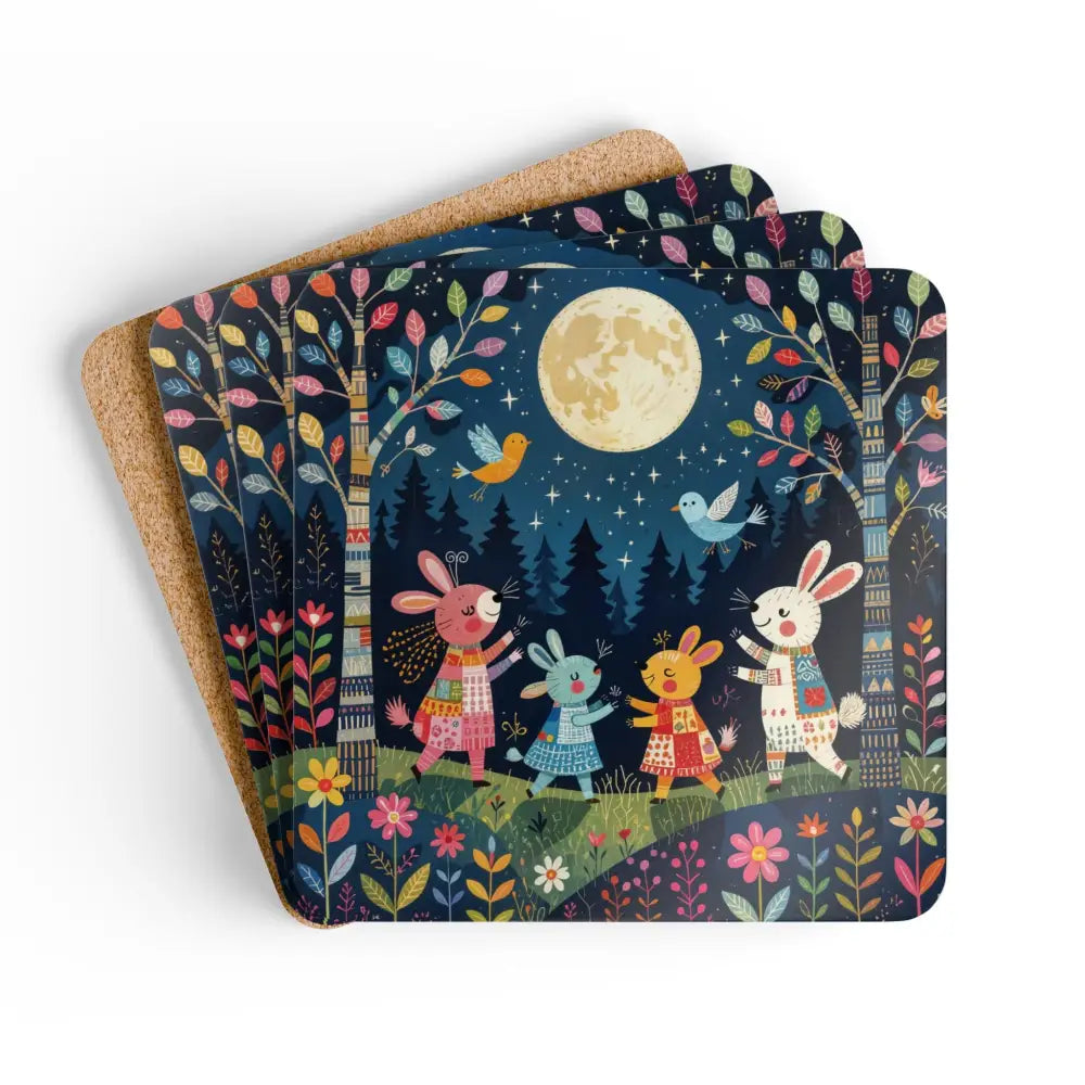 Cork coaster set featuring whimsical bunny dance under full moon for Moonlight Forest Decor