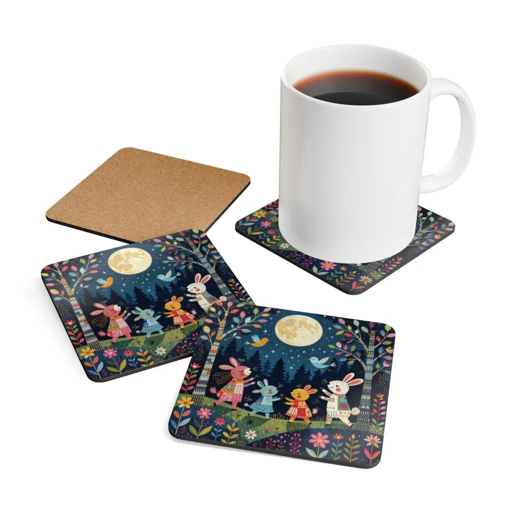 Cork coaster set with whimsical bunny and moon designs and a white coffee mug