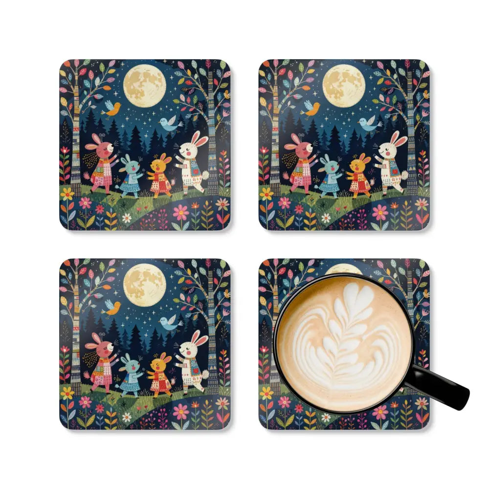 Whimsical cork coaster set with bunnies and moon design, includes a coffee cup coaster