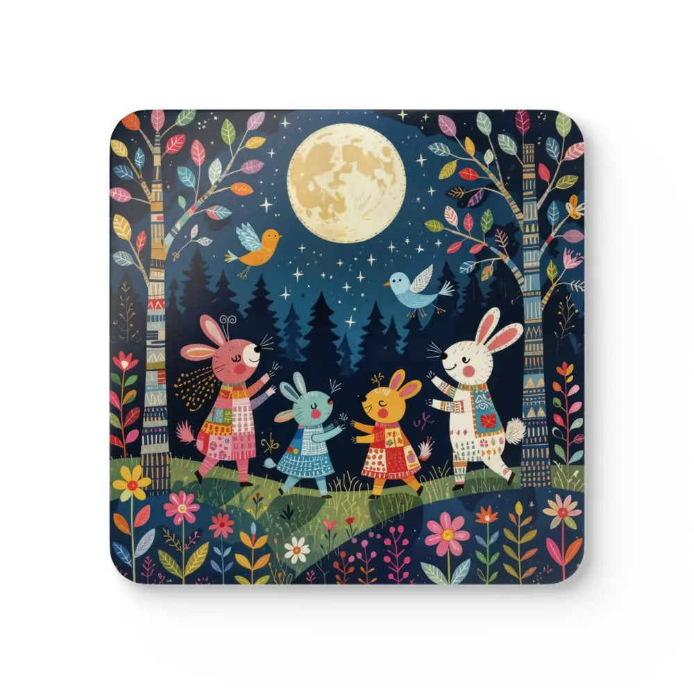 Whimsical cork coaster set featuring a full moon, forest, and colorful bunnies dancing