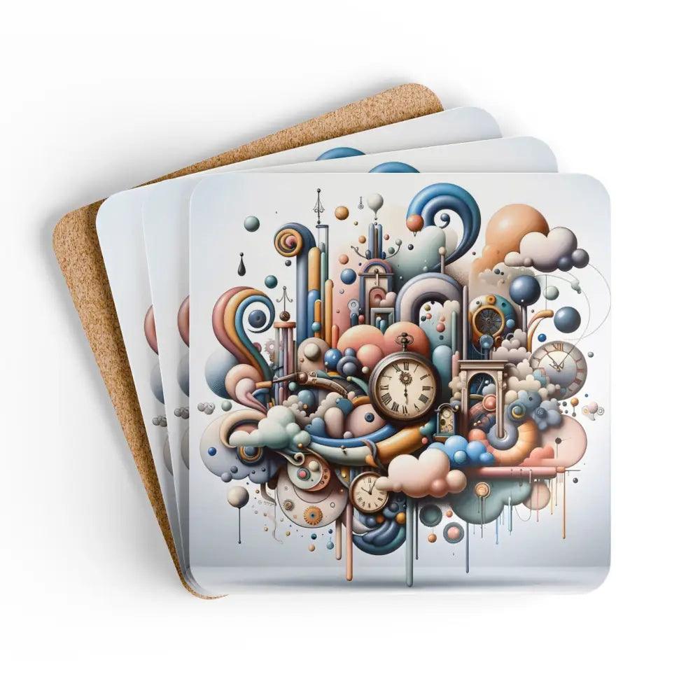 Stack of whimsical clock-themed cork coasters from PixiOnyx Pastel Mechanica Set